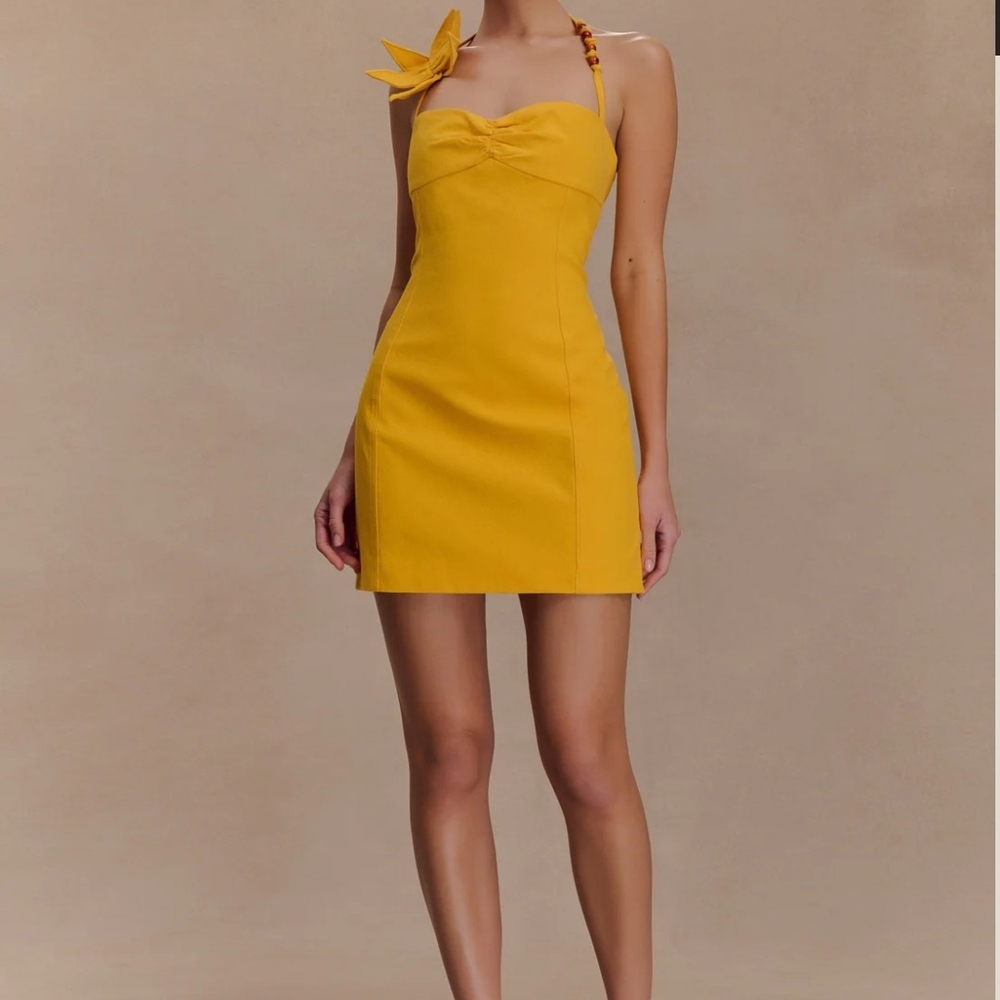 Meshki Yellow Mini Cocktail Dress Sleeveless Halter